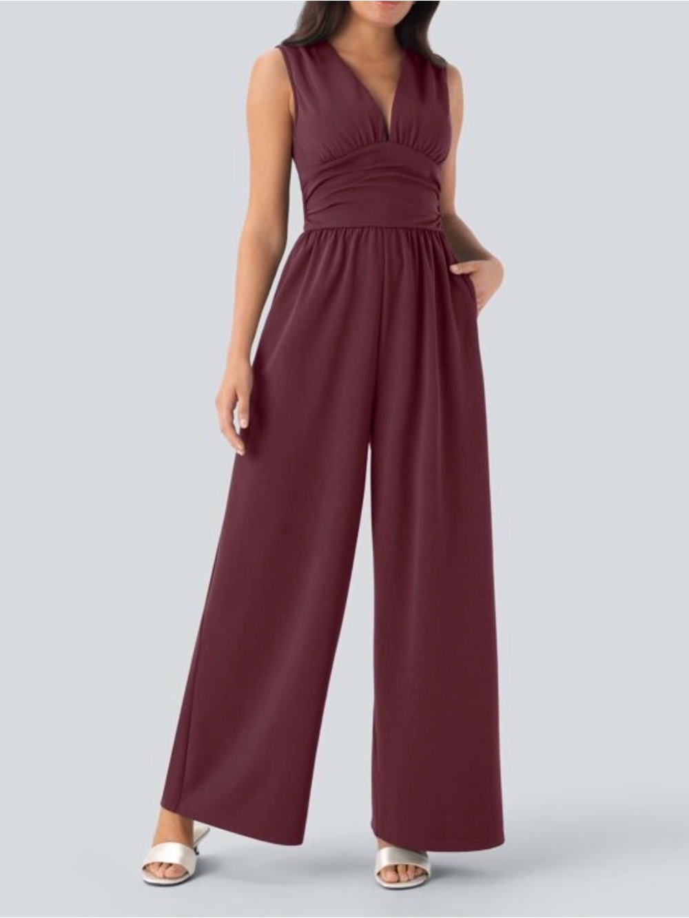 Halara Burgundy V Neck Sleeveless Ruched Pocket Jumpsuit-Easy Peezy Size M New